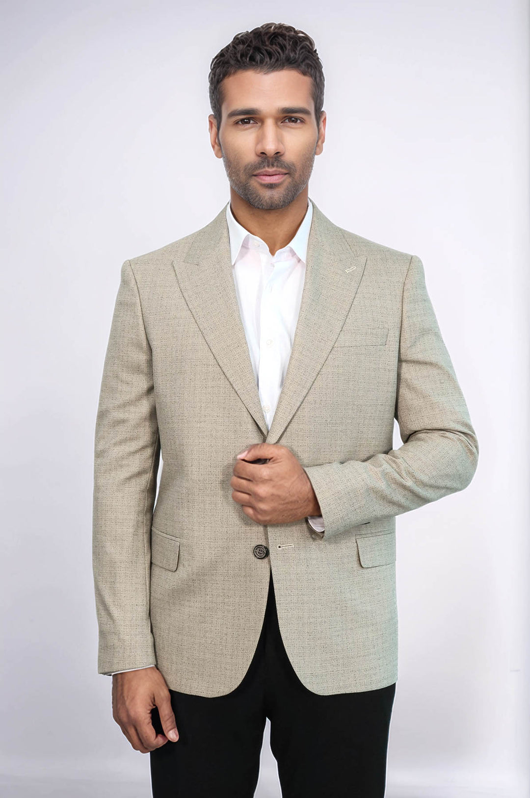 Patterned Wide Lapel Cream Men Blazer - Wessi