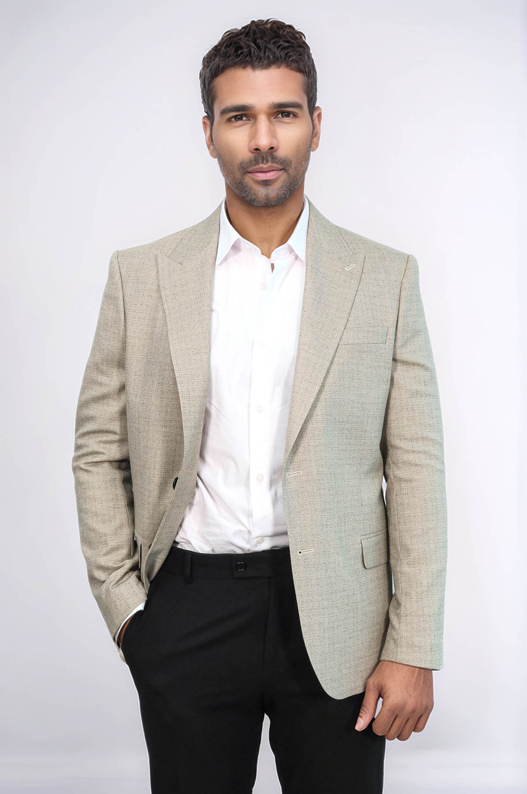 Patterned Wide Lapel Cream Men Blazer - Wessi