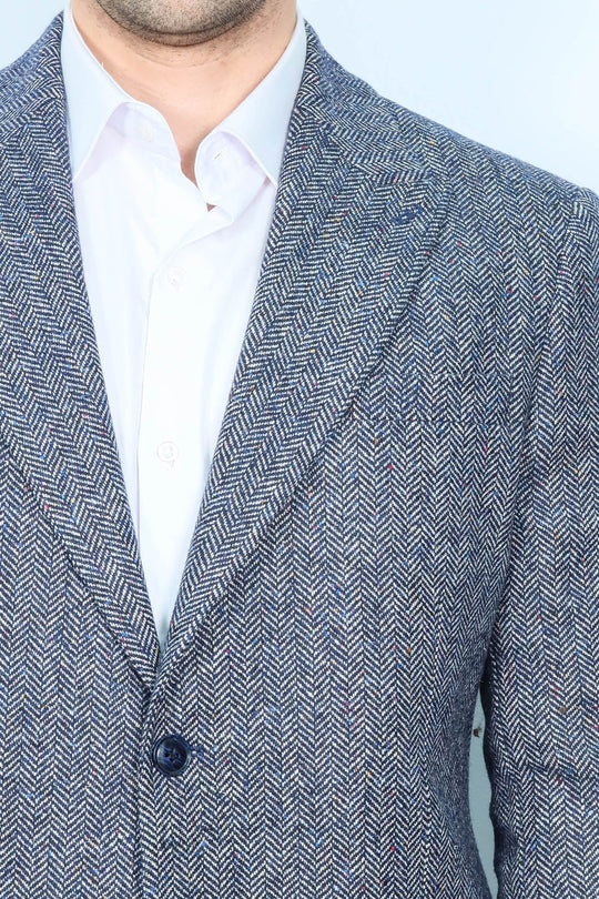 Houndstooth Pattern Wool Blue Men Blazer - Wessi
