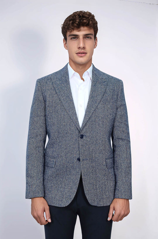 Houndstooth Pattern Wool Blue Men Blazer - Wessi