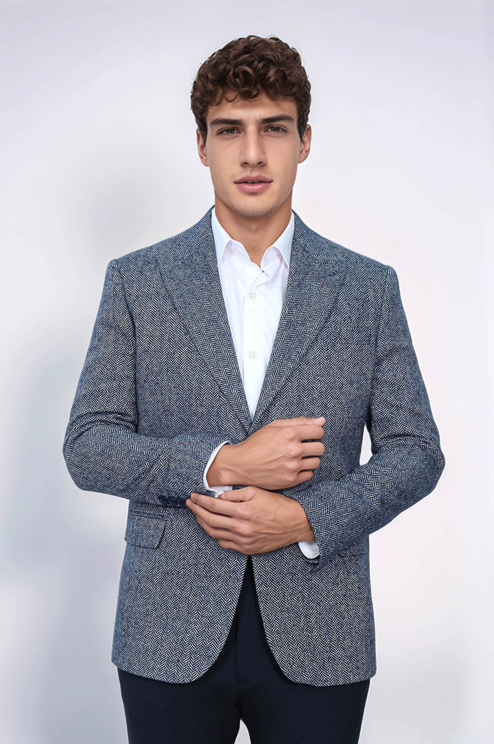 Blazer Hombre Lana Estampado Pata De Gallo Azul - Wessi