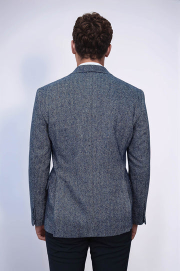 Houndstooth Pattern Wool Blue Men Blazer - Wessi
