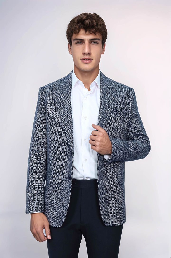 Blazer Hombre Lana Estampado Pata De Gallo Azul - Wessi