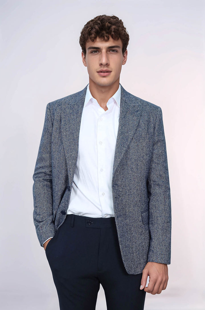 Blazer Hombre Lana Estampado Pata De Gallo Azul - Wessi