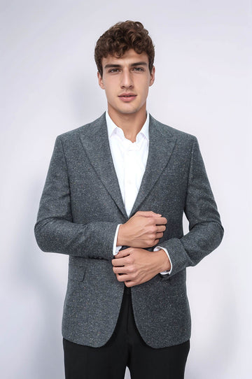 Houndstooth Pattern Wool Anthracite Men Blazer - Wessi