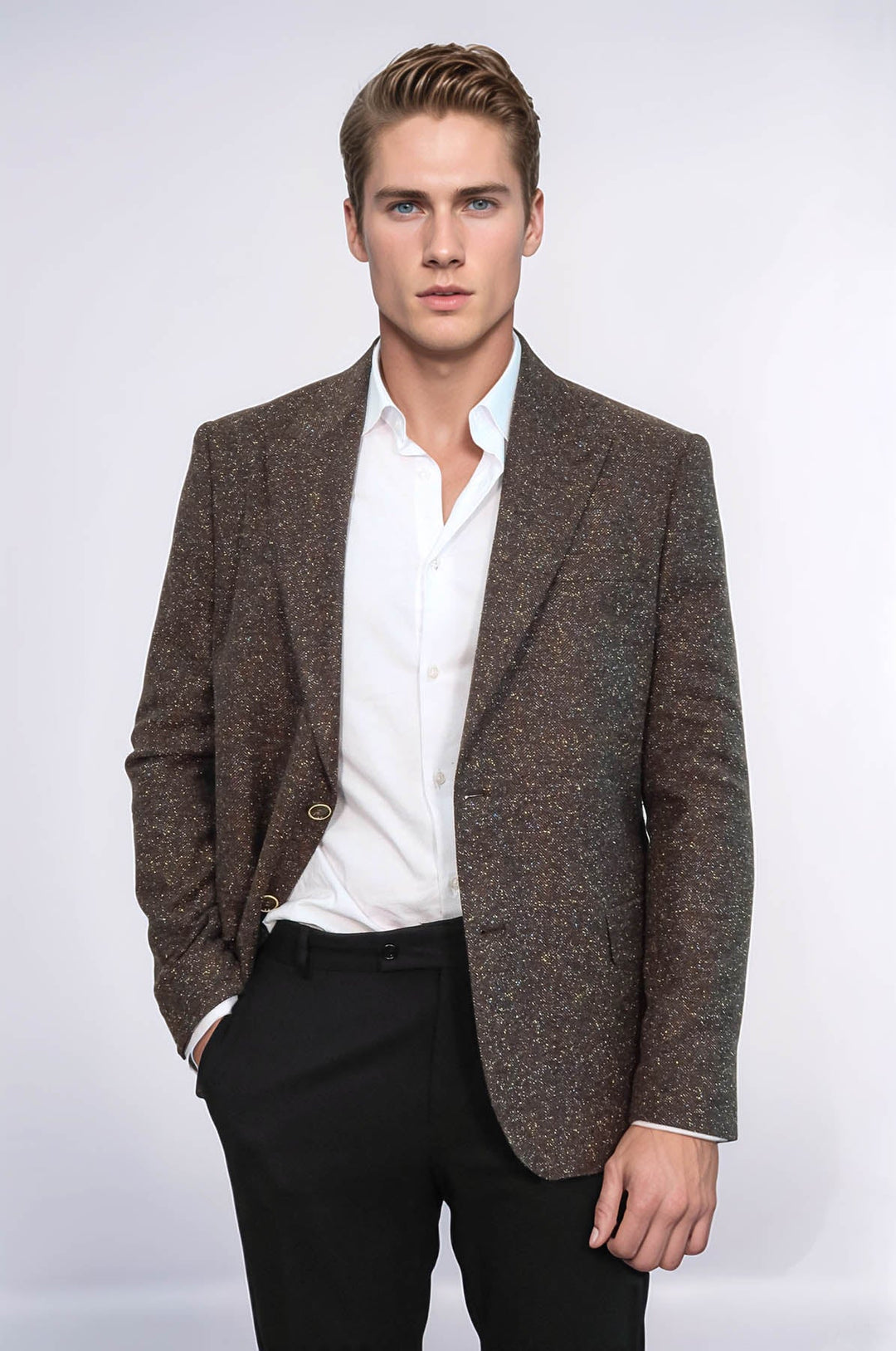 Houndstooth Pattern Wool Brown Men Blazer - Wessi