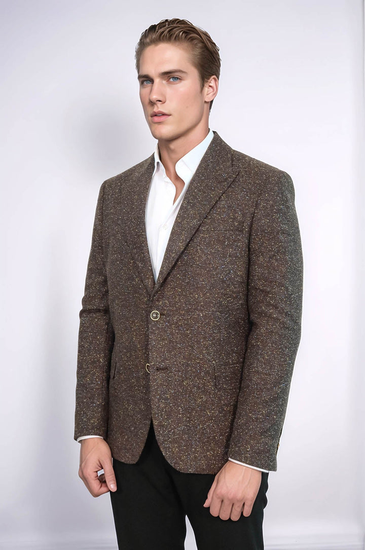 Houndstooth Pattern Wool Brown Men Blazer - Wessi