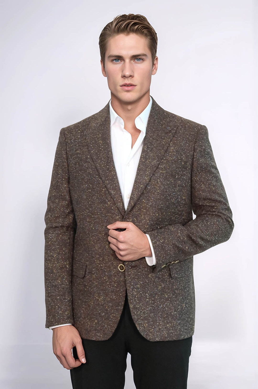Houndstooth Pattern Wool Brown Men Blazer - Wessi