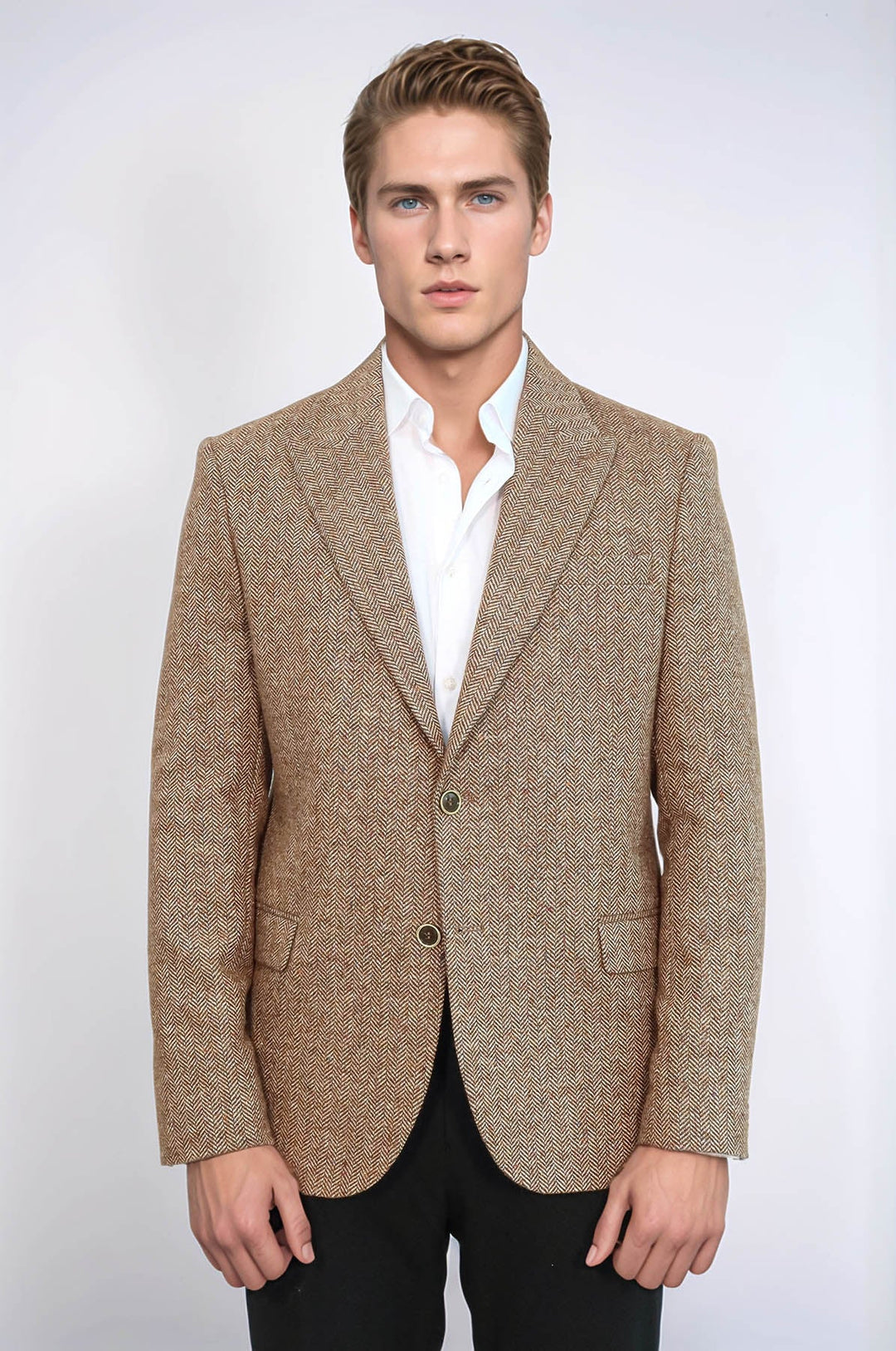 Houndstooth Pattern Wool Light Brown Men Blazer - Wessi