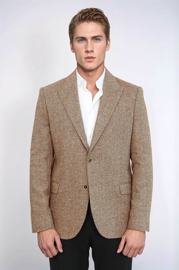 Houndstooth Pattern Wool Light Brown Men Blazer - Wessi