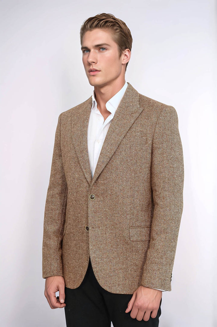 Houndstooth Pattern Wool Light Brown Men Blazer - Wessi