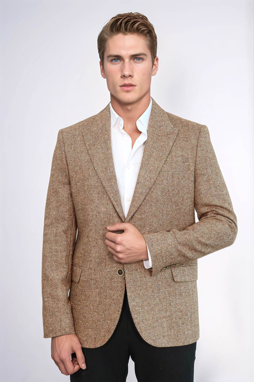 Houndstooth Pattern Wool Light Brown Men Blazer - Wessi