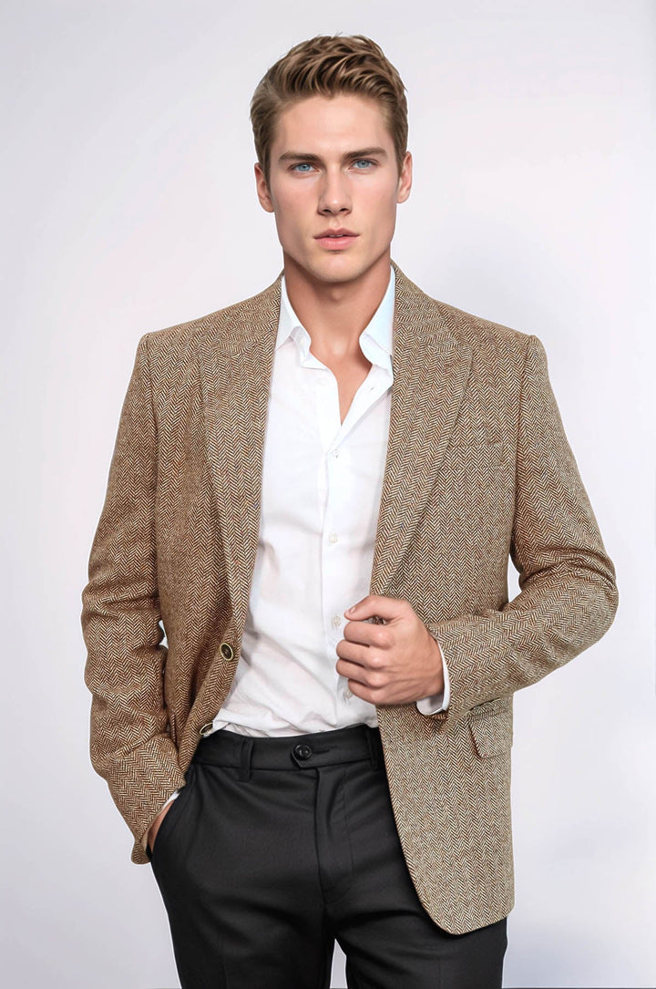 Houndstooth Pattern Wool Light Brown Men Blazer - Wessi