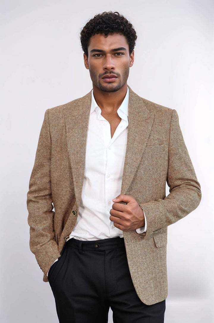 Blazer Hombre Lana Estampado Pata De Gallo Marrón Claro - Wessi