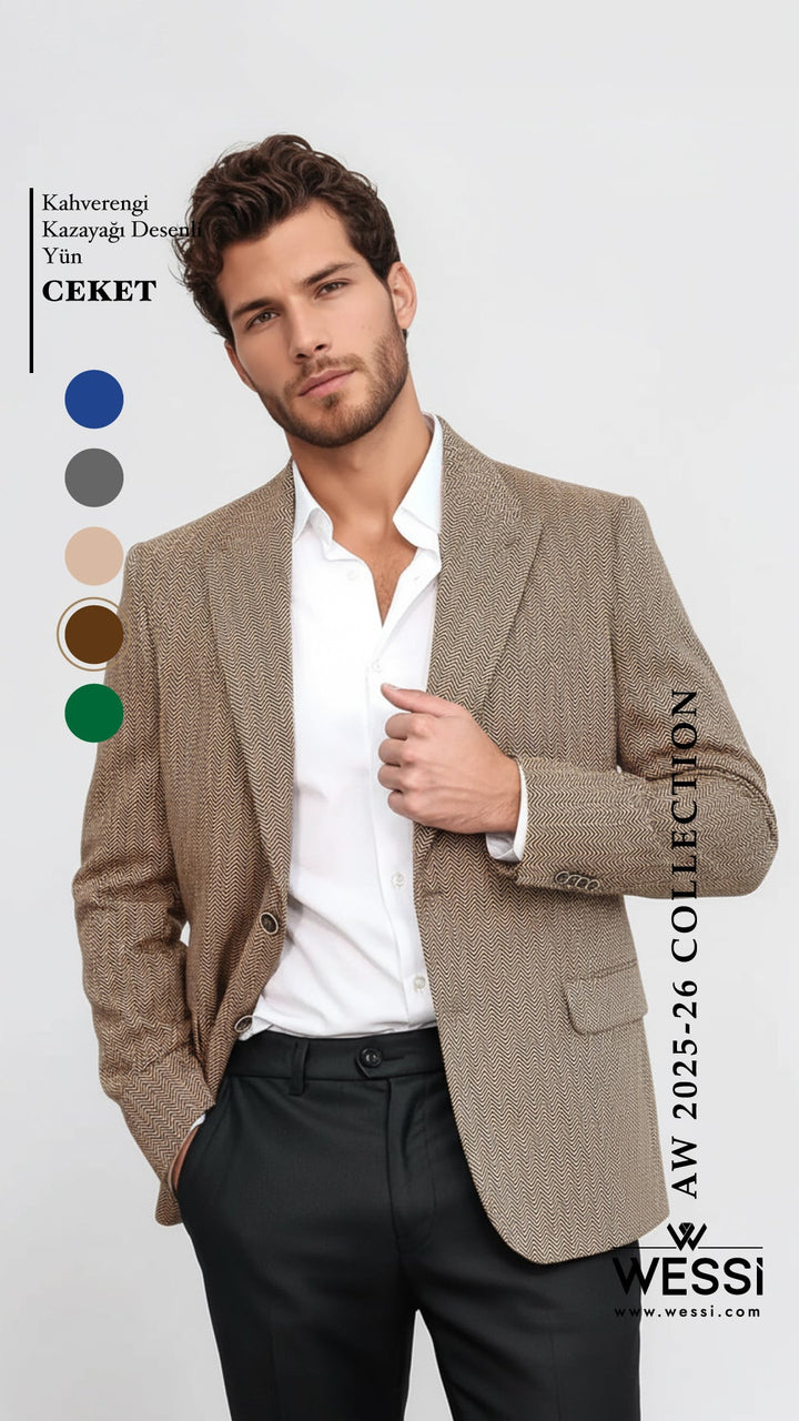 Houndstooth Pattern Wool Light Brown Men Blazer - Wessi