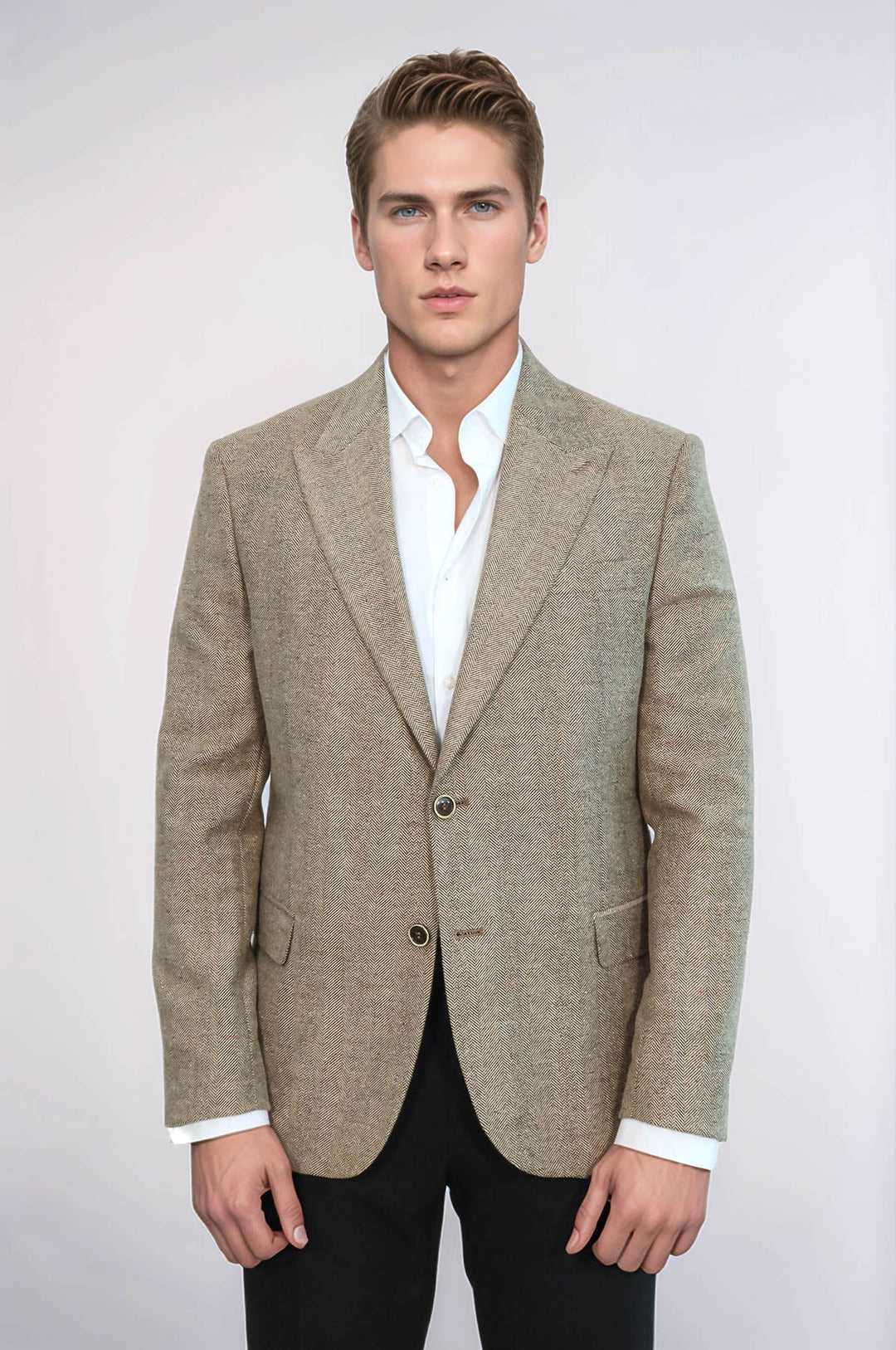Houndstooth Pattern Wool Cream Men Blazer - Wessi