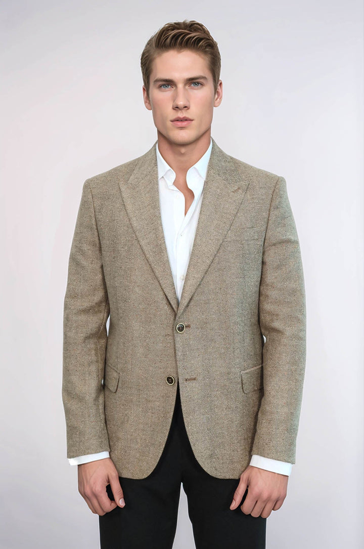 Houndstooth Pattern Wool Cream Men Blazer - Wessi
