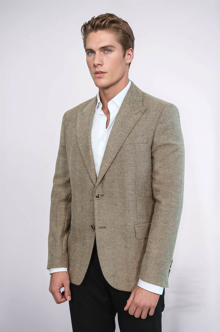 Houndstooth Pattern Wool Cream Men Blazer - Wessi