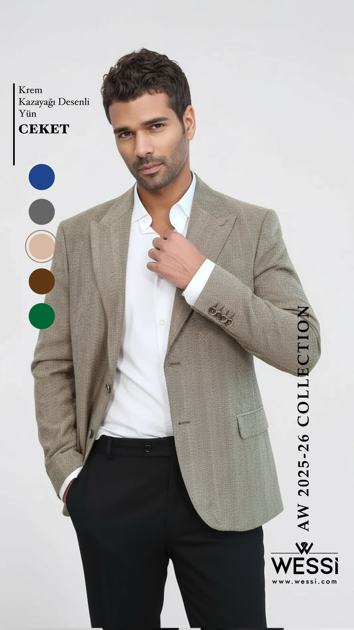 Houndstooth Pattern Wool Cream Men Blazer - Wessi