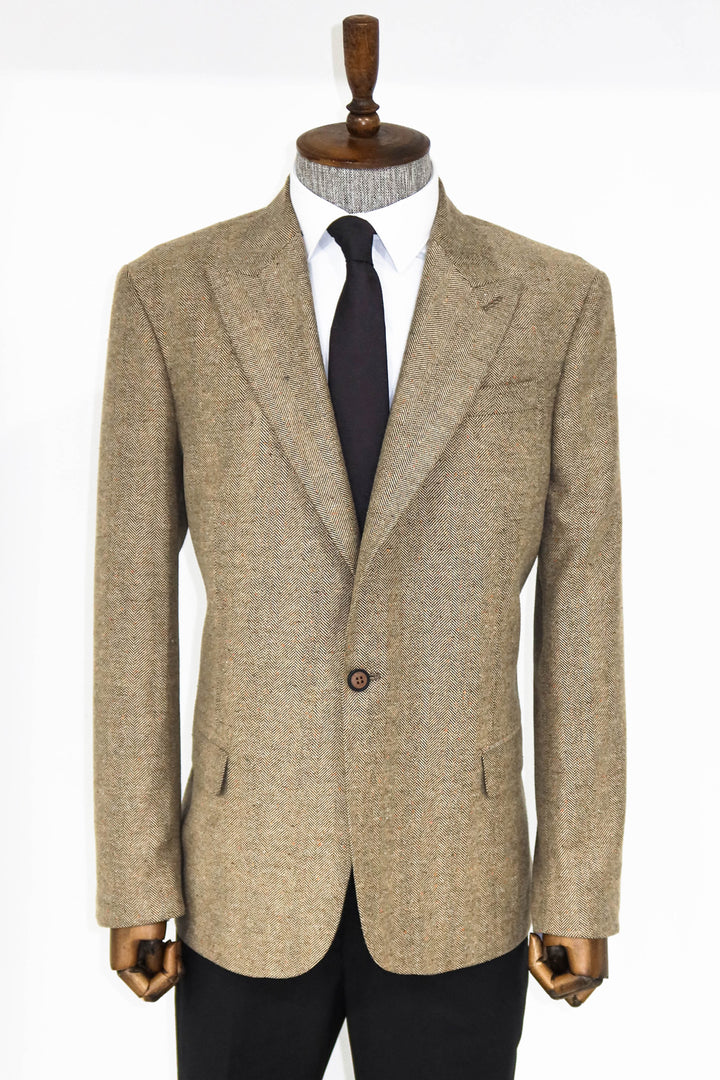 Houndstooth Pattern Wool Cream Men Blazer and Trousers Combination - Wessi