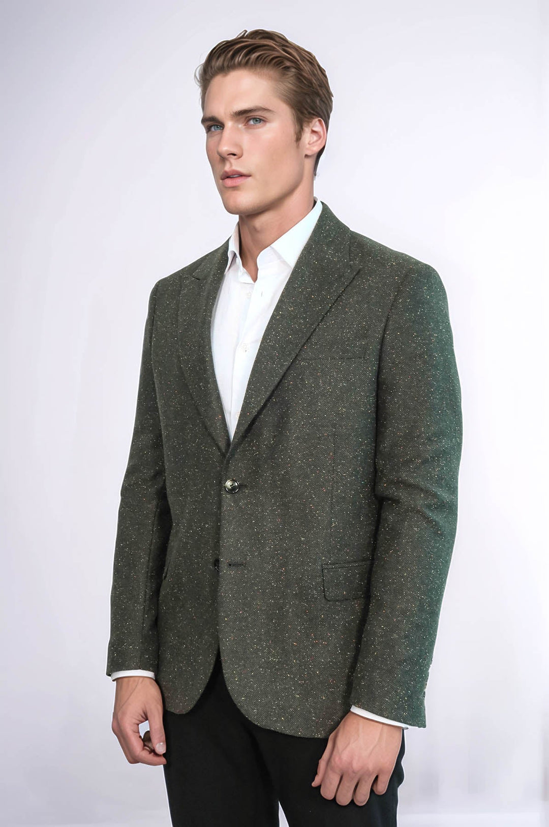 Houndstooth Pattern Wool Green Men Blazer - Wessi