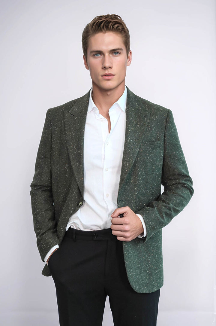 Houndstooth Pattern Wool Green Men Blazer - Wessi