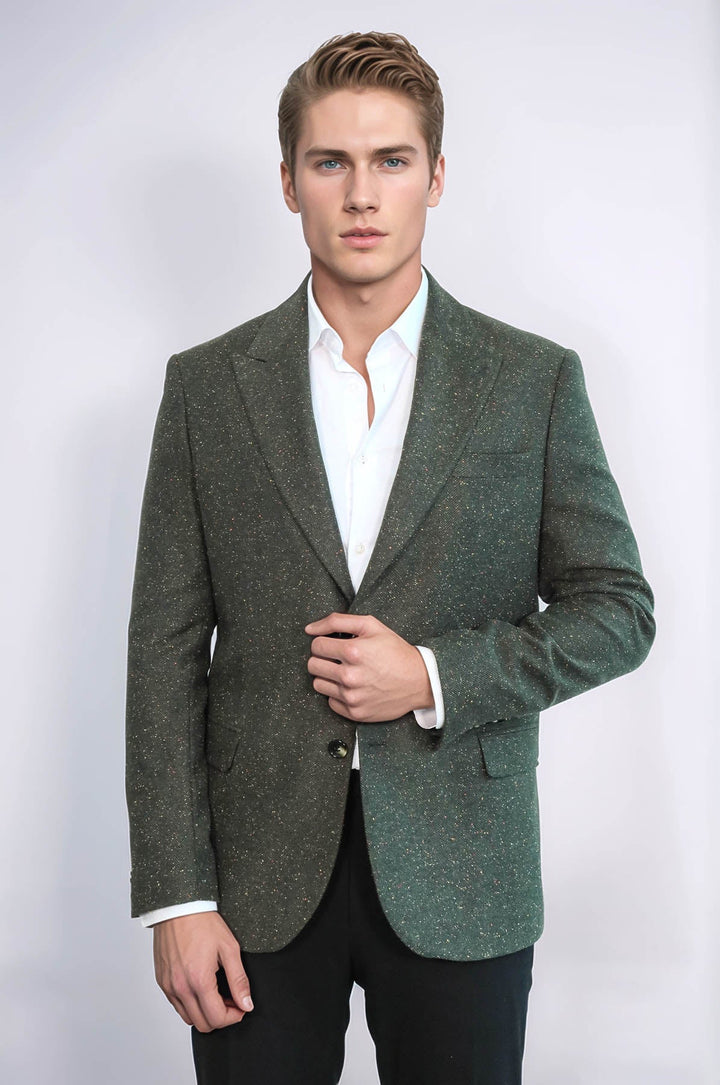 Houndstooth Pattern Wool Green Men Blazer - Wessi