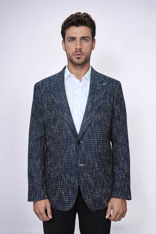 Slim Fit Patterned Sport Navy Blue Men Blazer - Wessi