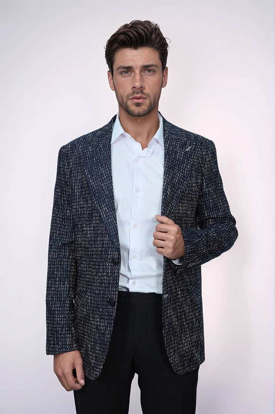 Slim Fit Patterned Sport Navy Blue Men Blazer - Wessi