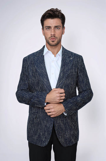 Slim Fit Patterned Sport Navy Blue Men Blazer - Wessi