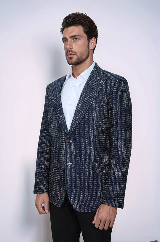 Slim Fit Patterned Sport Navy Blue Men Blazer - Wessi