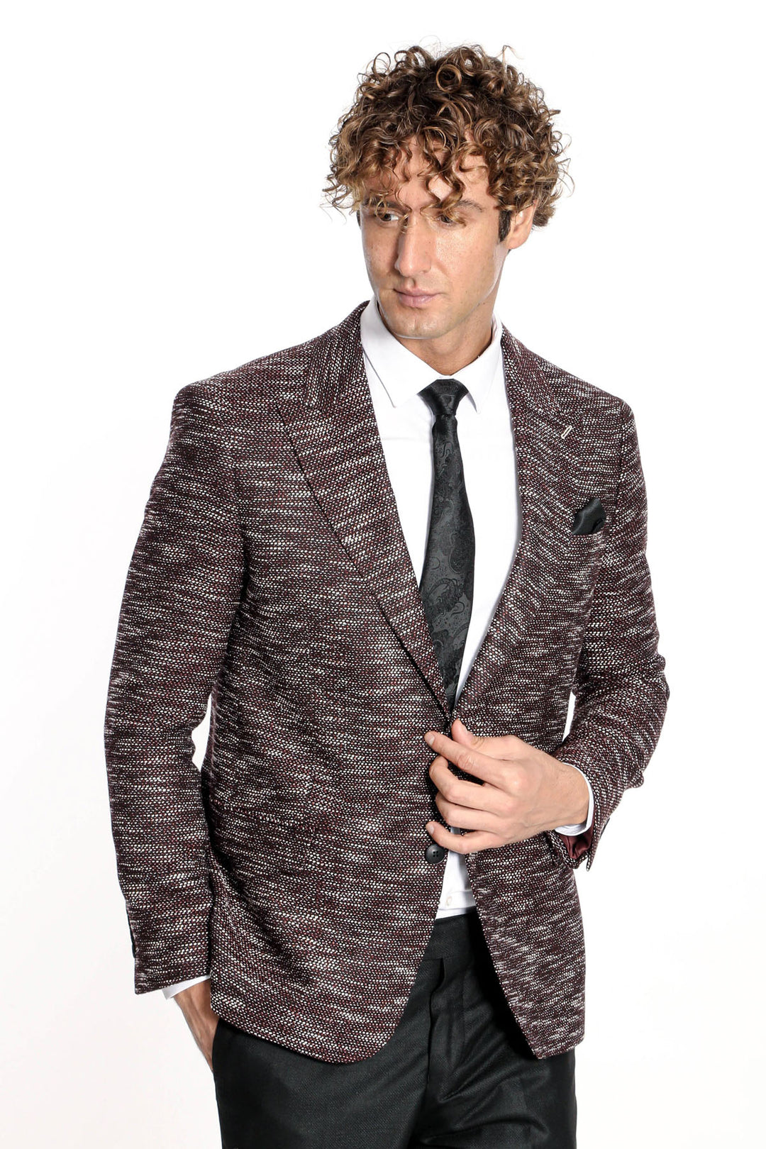 Slim Fit Patterned Sport Burgundy Men Blazer - Wessi