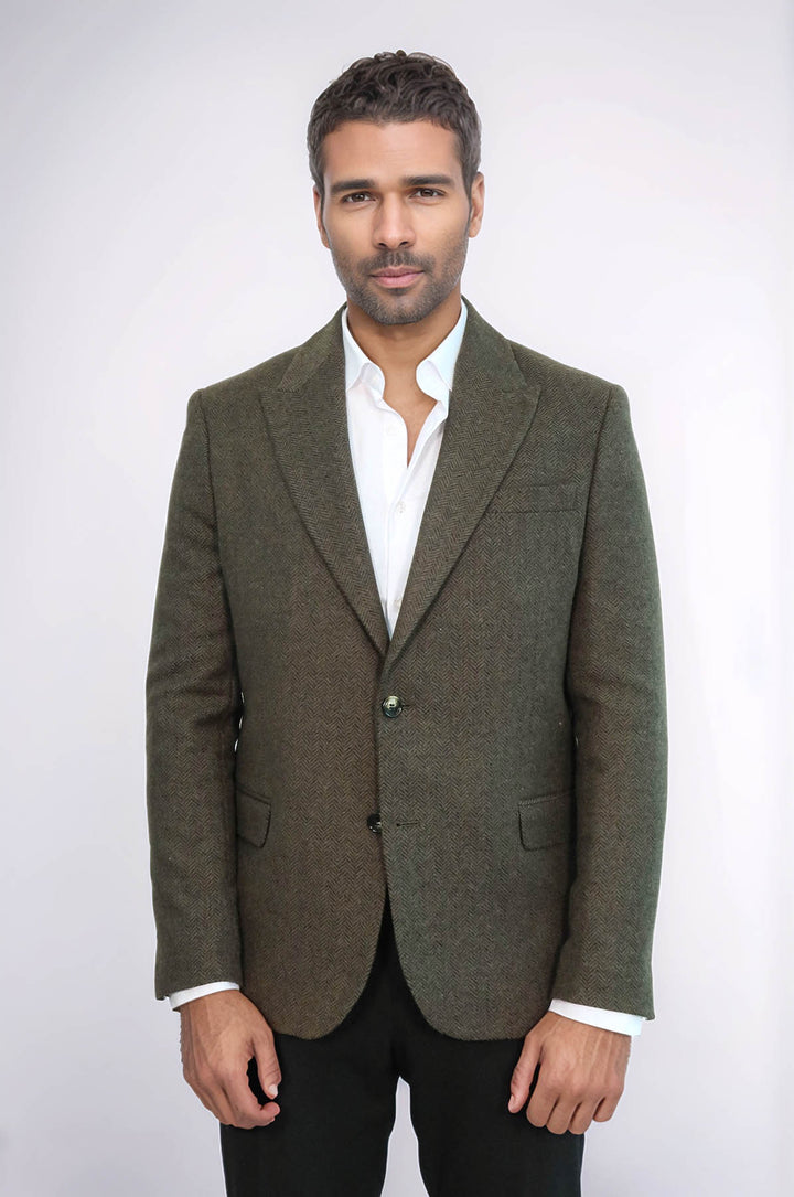 Houndstooth Wool Dark Green Men Blazer - Wessi