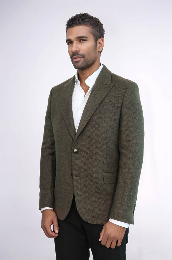 Houndstooth Wool Dark Green Men Blazer - Wessi