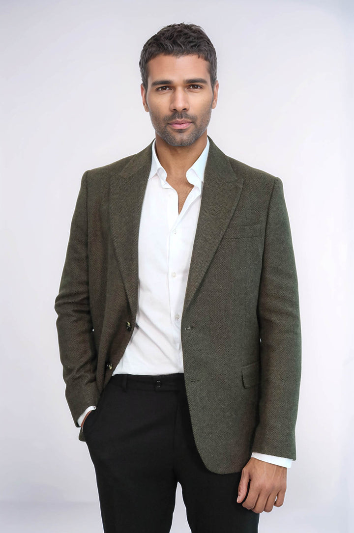 Houndstooth Wool Dark Green Men Blazer - Wessi
