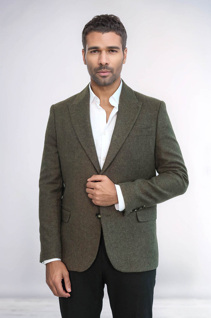 Houndstooth Wool Dark Green Men Blazer - Wessi