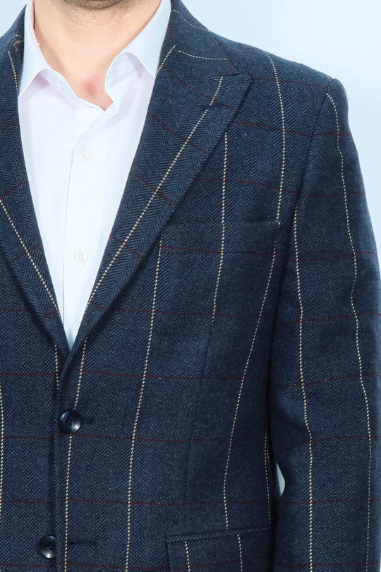 Checked Navy Blue Slim-Fit Blazer - Wessi