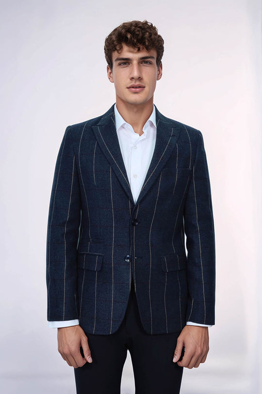 Checked Navy Blue Slim-Fit Blazer - Wessi