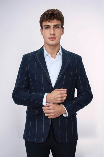 Checked Navy Blue Slim-Fit Blazer - Wessi