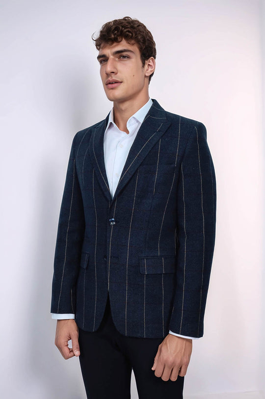 Checked Navy Blue Slim-Fit Blazer - Wessi
