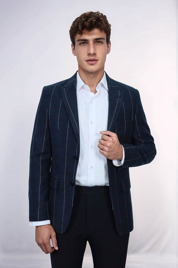 Checked Navy Blue Slim-Fit Blazer - Wessi
