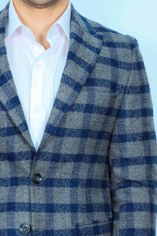 Checked Peak Lapel Slim-Fit Blue Men Blazer - Wessi