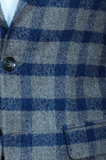 Checked Peak Lapel Slim-Fit Blue Men Blazer - Wessi