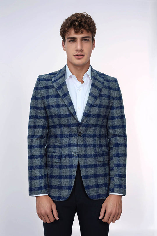 Checked Peak Lapel Slim-Fit Blue Men Blazer - Wessi