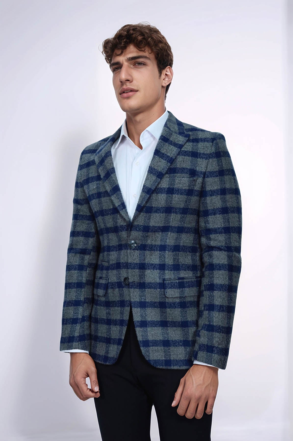 Checked Peak Lapel Slim-Fit Blue Men Blazer - Wessi – Wessi