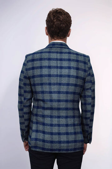 Checked Peak Lapel Slim-Fit Blue Men Blazer - Wessi