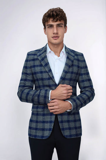 Checked Peak Lapel Slim-Fit Blue Men Blazer - Wessi