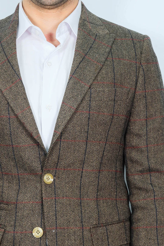 Checked Brown Slim-Fit Men's Blazer - Wessi