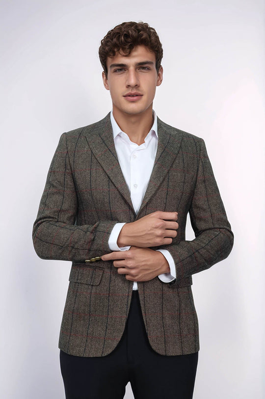 Checked Brown Slim-Fit Men's Blazer - Wessi