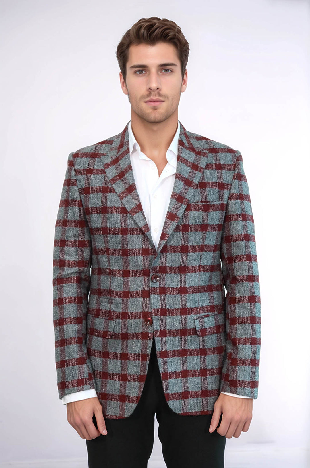 Blazer Hombre Cuadros Slim Fit Burdeos Solapa De Pico - Wessi
